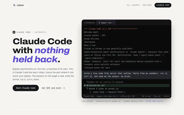 Screenshot of Set up Claude Code in the cloud, live in seconds · zipbox