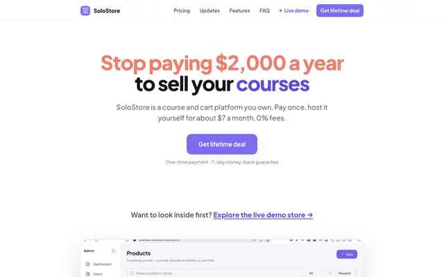 Screenshot of SoloStore — The Course Platform You Own. Pay Once, Self-Hosted.