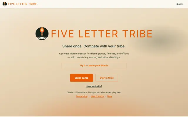Screenshot of Five Letter Tribe | Share once. Compete with your tribe.