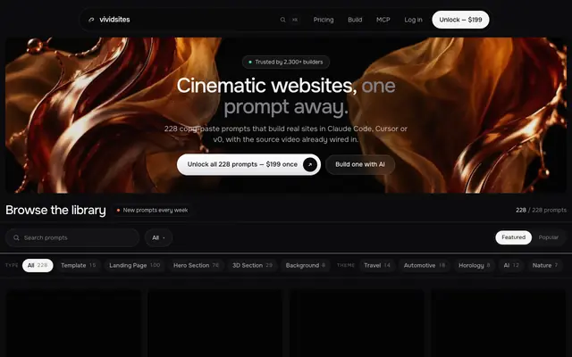 Screenshot of uiprompts.app — cinematic UI, one prompt away