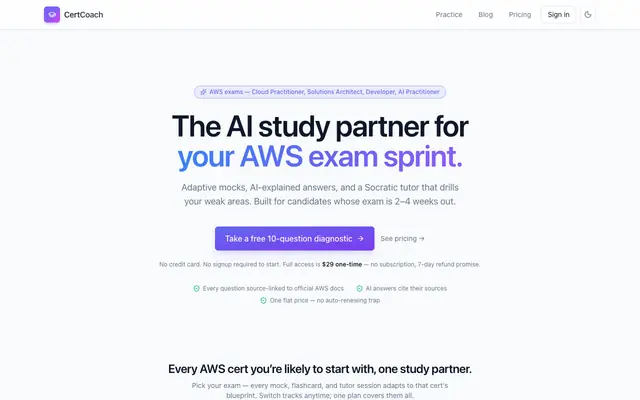 Screenshot of CertCoach — AI study partner for AWS certification exams