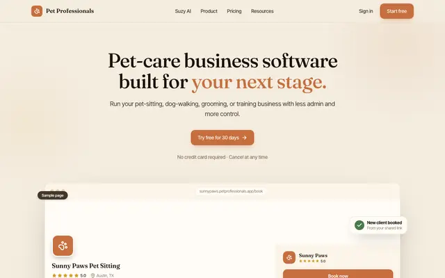 Screenshot of Suzy AI — The AI concierge for pet-care professionals |