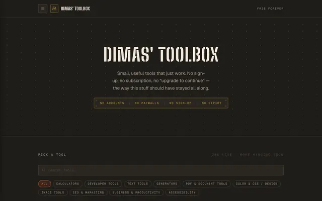 Screenshot of Dimas' Toolbox — free tools, no catch