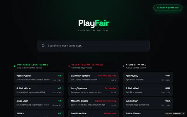 Screenshot of PlayFair — Which Cash Game Apps Actually Pay