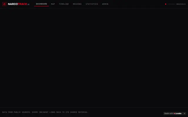 Screenshot of NarcoTrack BE — Live drug crime dashboard