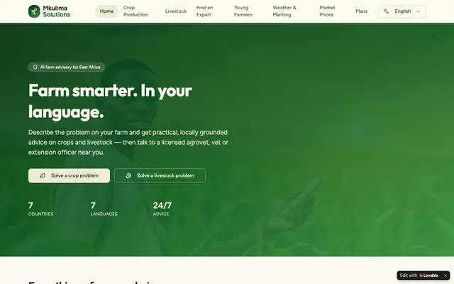 Screenshot of Mkulima Solutions — AI Crop & Livestock Advice, East Africa