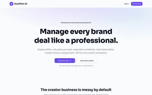 Screenshot of DealPilot AI — Manage every brand deal like a professional