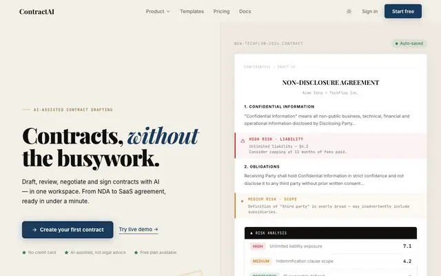 Screenshot of ContractAI — AI-Powered Contract Builder