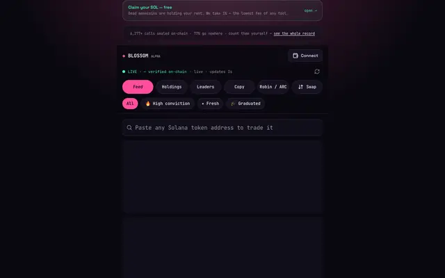 Screenshot of Blossom — Live Solana signals, proven on-chain