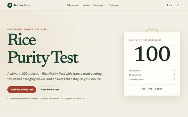 Screenshot of Rice Purity Test: Private 100-Question Score & Guide