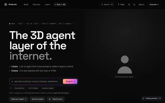 Screenshot of three.ws — The 3D Agent Layer of the Internet