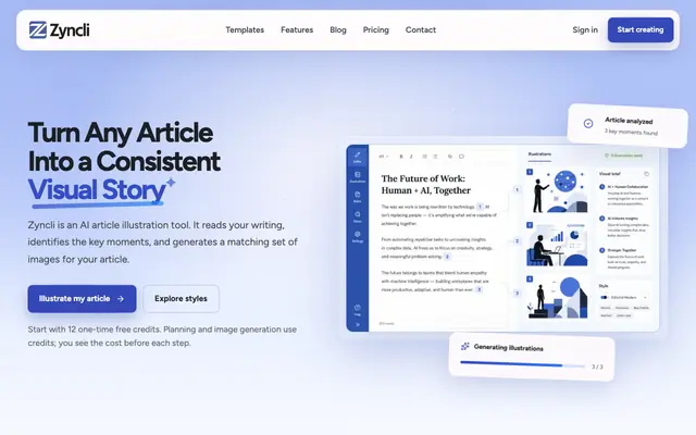 Screenshot of AI Illustration Generator for Articles | Zyncli