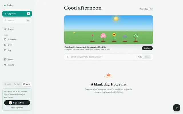 Screenshot of Kairo, A daily planner that forgives.
