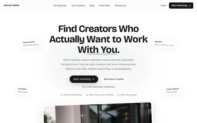 Screenshot of Creator Matching Platform for Startups | Collab Tower