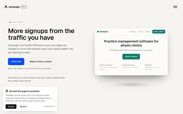 Screenshot of Autopage: more signups from the traffic you already have