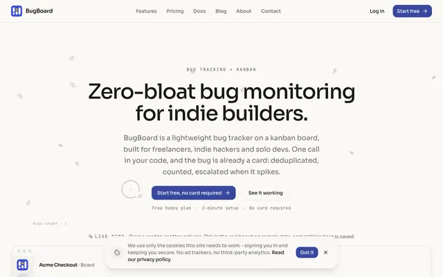 Screenshot of Bug tracking on a kanban board - BugBoard