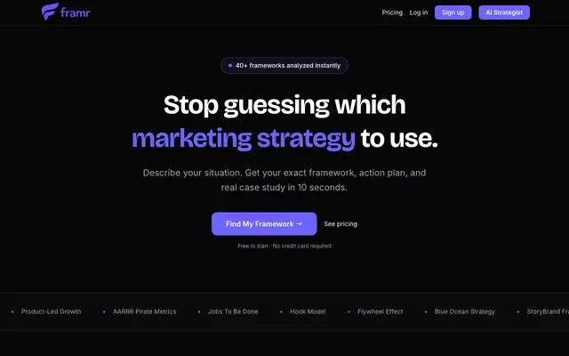 Screenshot of Framr — Find Your Marketing Framework in 10 Seconds