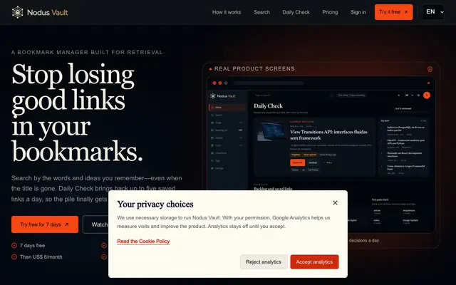 Screenshot of Nodus Vault: Bookmark Manager That Brings Links Back