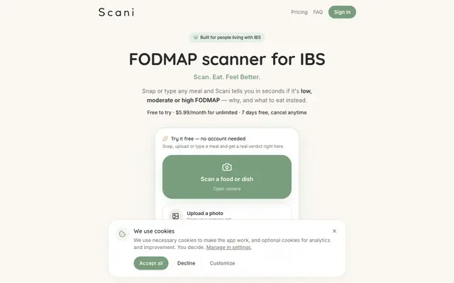 Screenshot of Scani — FODMAP & IBS nutrition assistant