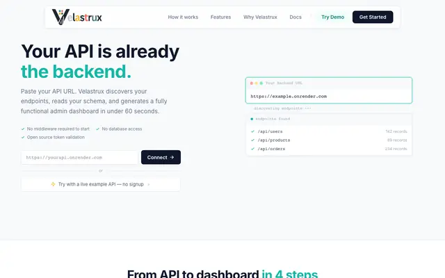 Screenshot of Velastrux — Turn Any REST API Into a Dashboard in Minutes