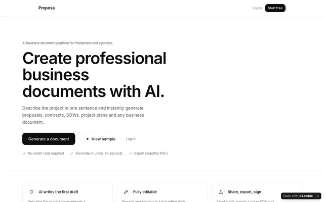 Screenshot of Proposa — Create professional business documents with AI