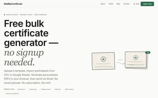Screenshot of MailMyCertificate | Free Bulk Certificate Generator