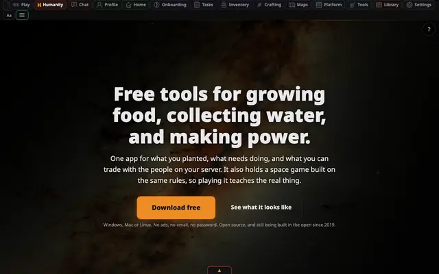 Screenshot of HumanityOS: Free water. Free energy. Free food. Forever.
