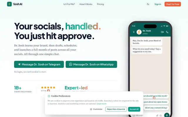 Screenshot of Sosh AI — Social Media Marketing for Busy Founders