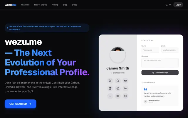 Screenshot of wezu.me — The Next Evolution of Your Professional Profile.