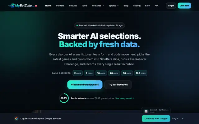 Screenshot of MyBetCode - Ai-Assisted Intelligence Smart Sports Prediction
