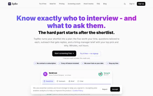Screenshot of TopRec — AI Ranking + Self-Building Recruiter CRM