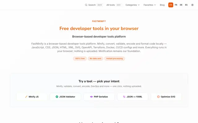 Screenshot of FastMinify — Developer Tools Online (Minify, Convert…
