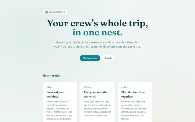 Screenshot of Wandernest — your crew's trips, in one nest
