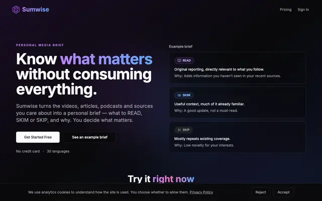 Screenshot of Sumwise - AI-Powered Content Summarization