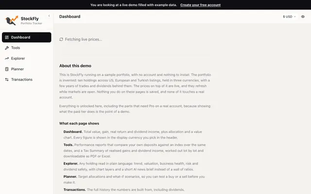 Screenshot of Live Demo: see StockFly with a real portfolio | StockFly