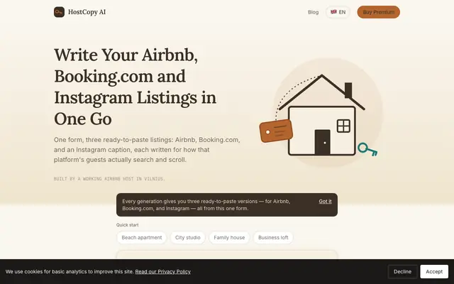 Screenshot of HostCopy AI — AI Airbnb & Booking.com Listing Descriptions