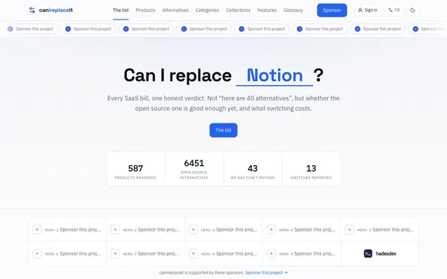 Screenshot of Can I replace it? — open source alternatives to paid SaaS