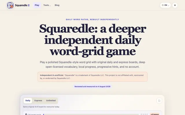 Screenshot of Squaredle daily word grid with deep vocabulary — independen…