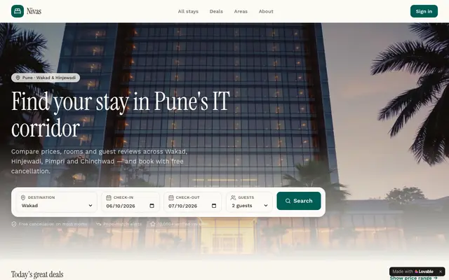 Screenshot of Nivas Stays — Book hotels in Pune's IT corridor