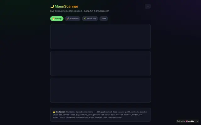 Screenshot of MoonScanner — Solana memecoin signalen
