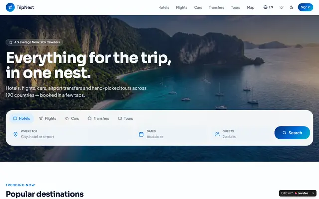 Screenshot of TripNest — Hotels, Flights, Cars & Transfers in One Place