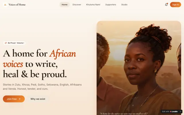 Screenshot of Voices of Home — Be Proud | African storytelling