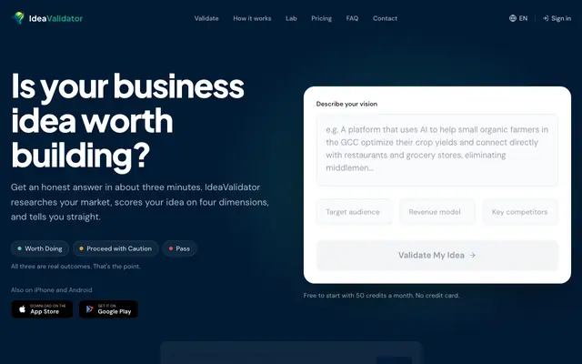 Screenshot of IdeaValidator: AI Business Idea Validator & PRD Generator | Free