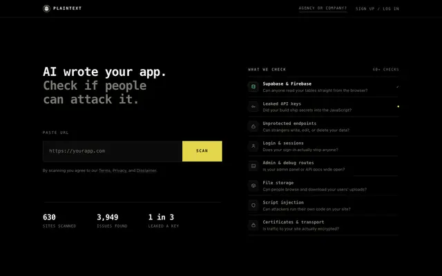 Screenshot of Plaintext · security scanning for AI-built apps