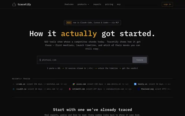 Screenshot of Tracetify — Trace how any competitor actually got started