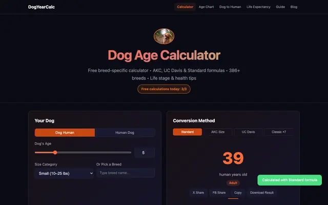 Screenshot of Dog Age Calculator — Free Breed-Specific Tool (AKC, UC Davis & Standard)