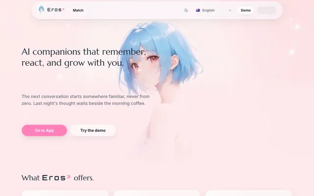 Screenshot of Eros — AI companions that remember