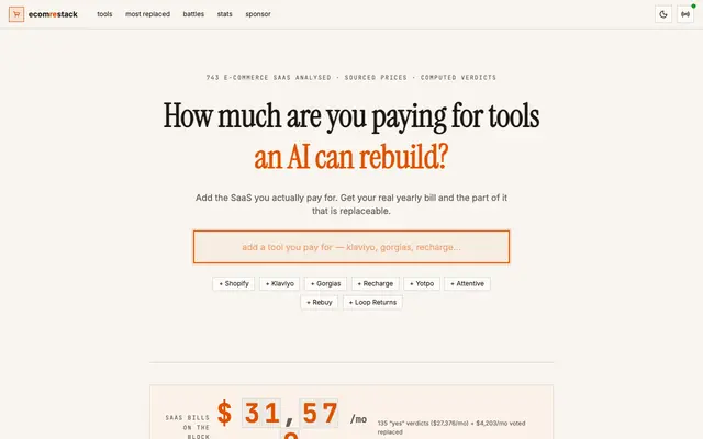 Screenshot of EcomReStack — Can I vibecode my eCommerce tool?
