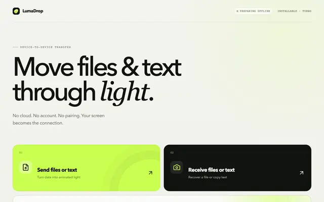Screenshot of LumaDrop — files and text through light