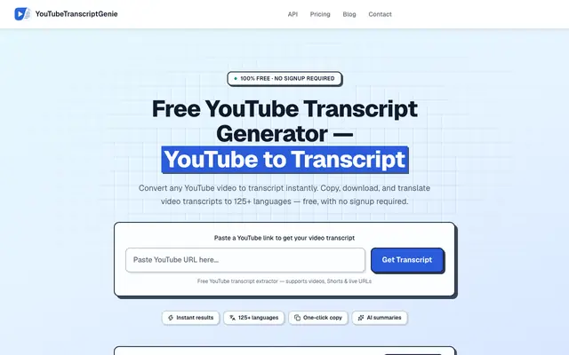 Screenshot of Free YouTube Transcript Generator — YouTube to Transcript | YouTubeTranscriptGen